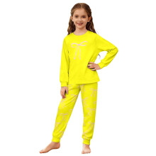 Girls Outfits Set 2 Piece Home Clothes Set Kids Bow Print Long Sleeve Crewneck Top Ankle-Tied Bottoms Ages 3-14 Years Leisure Outfit