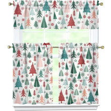 Christmas Kitchen Curtains 3-Piece Set, Short Tier Valances with Tree Design, Over-Sink Window Treatment, Winter Holiday Home Decor, Compatible with