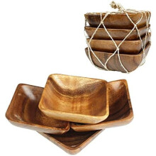 Acacia Handmade Wood Carved Plates - Set of 4 Calabash Bowls Size 4" (Square)