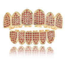 Gold Grillz Hip Hop Teeth Grill Set with Red Zircon, Custom Fit Design and Stylish Durable Finish