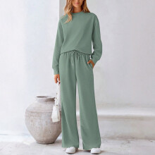 Conjunto deportivo de dos piezas para mujer, color verde, con cordón ajustable y textura lisa, ideal para otoño (talla L).