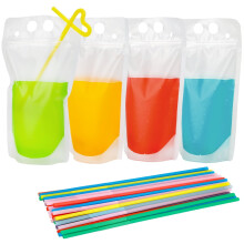 Drink Pouches Bags with Disposable Plastic Straws Set of 40, Hand-held Frosted Translucent Reclosable Zipper Juice Pouches for Adults and Teens