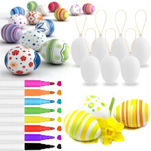 TETOU 48 ovos de Páscoa de plástico branco + 8 canetas de tinta, ovos para pendurar que você mesmo pode pintar com corda – Ideal para festas de