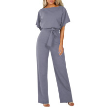 Lilla ensfarvet damejumpsuit med snørebånd og korte ærmer – Elegant og afslappet, kompatibel med efterårsstyling
