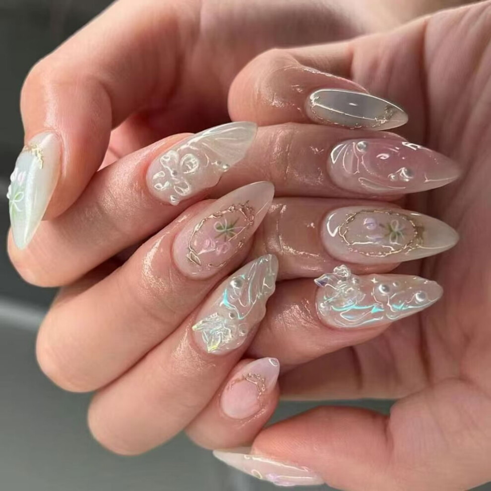 24x Medium Almond Press On Nail Butterfly False Nail Bows Stick on Nail