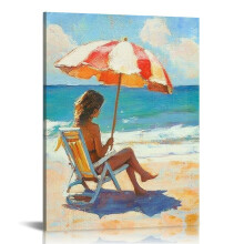 Woman on Chair under Orange Beach Umbrella Canvas Wall Art – 12x16in, for Living Room, Bedroom, Office & Bathroom Decor