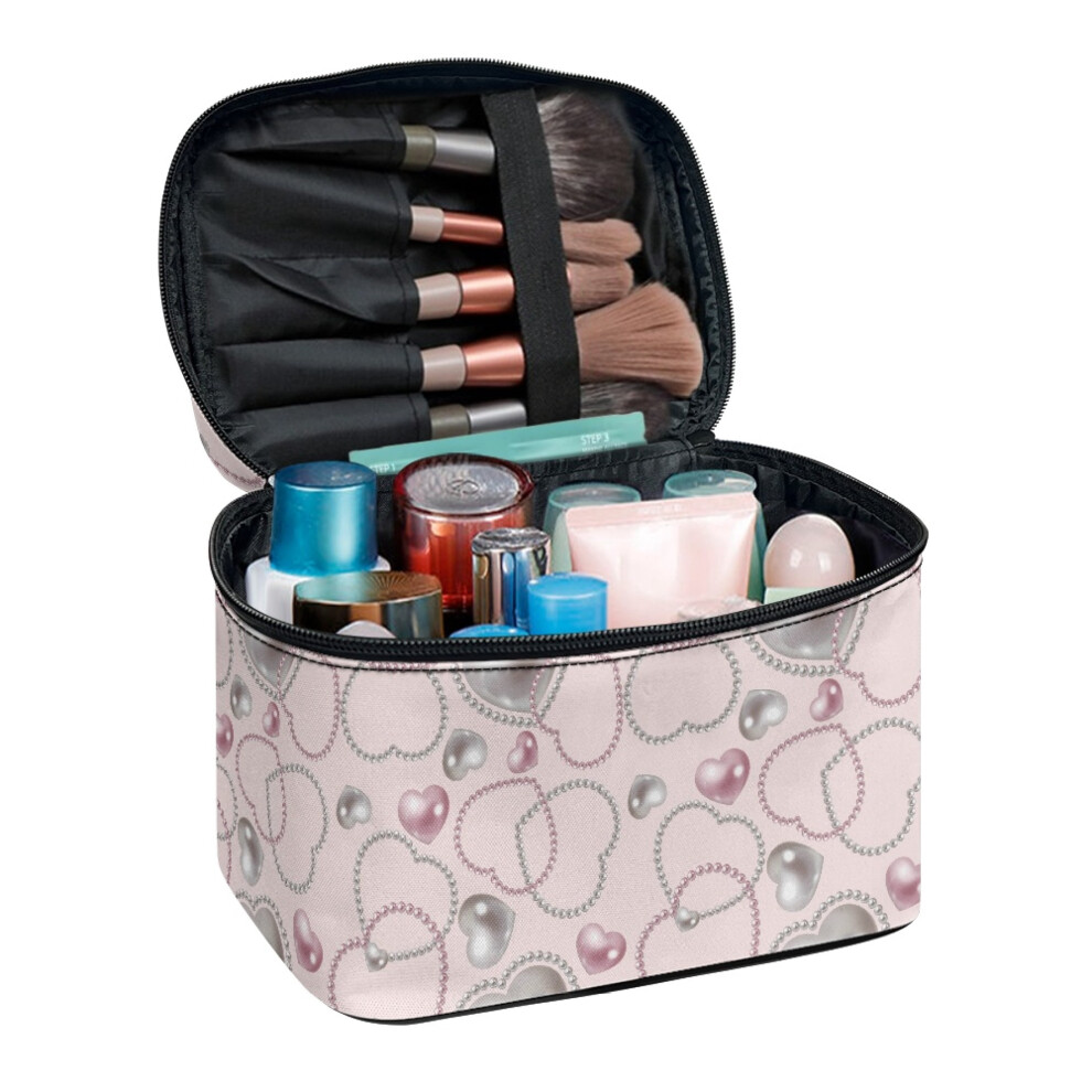Pink/Silver Pearl Heart Makeup Case Organizer With Brush Slots, Zipper Travel Bag Â Compatible With All Brushes