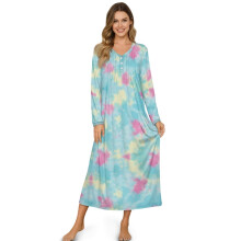 Women's Blue Tie-Dye Long Sleeve Button-Front Sleep Dress, Cozy Nightgown & Lounge Housecoat, L