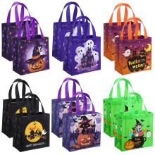 12er-Pack Halloween-Süßigkeitentüten, 22 x 23 x 11 cm, wiederverwendbare Tragetaschen aus Vliesstoff mit Henkeln, 6 verschiedene Designs –