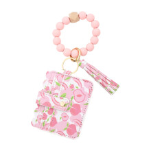 Pink Beaded Wristlet Wallet with Tassel Keychain, Snap Closure, Compatible with Summer Peach