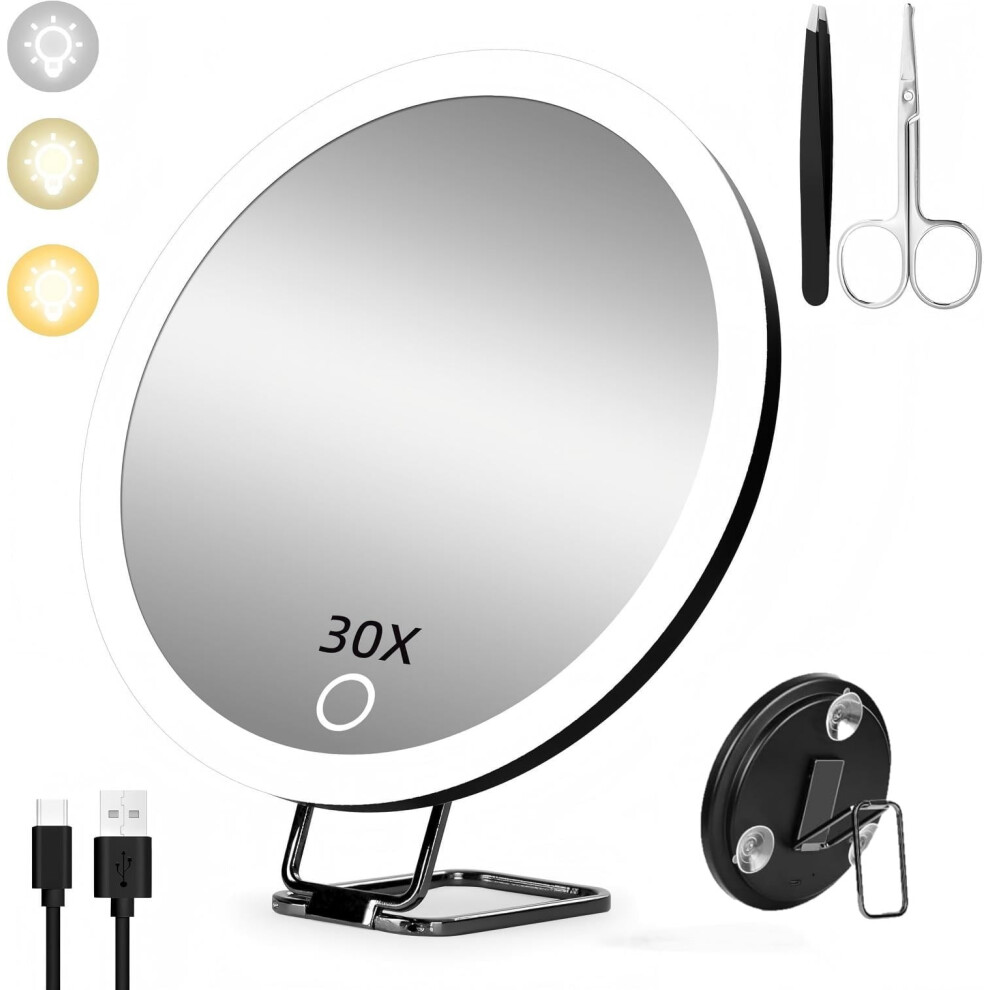 Light 30X Led Magnifying Mirror With 360 Stand, 3 Color Modes, Stepless Dimming, Rechargeable Â Compatible With Vanity
