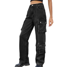Jeans elasticizzati da donna, jeans da donna petite, lavaggio denim, design multi-tasche, pantaloni cargo, pantaloni casual lunghi da donna