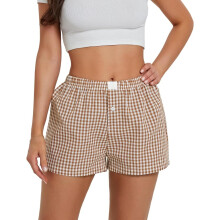 Dames loungeshorts, schattig, zacht, elastisch, lage taille, geruite print, knoopsluiting aan de voorkant, pyjamabroekje, boxershorts, nachtkleding,