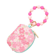 Boho Flower Wristlet Wallet with Beaded Bangle, Silicone Card & Cash Holder, Coin Purse, Key Ring Bracelet – Green/White, Compatible with Keys