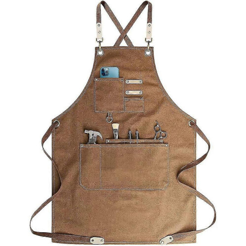 (Brown) Chef Apron, Adjustable Cross Back Canvas Apron,waterdrop Resistant Multipurpose