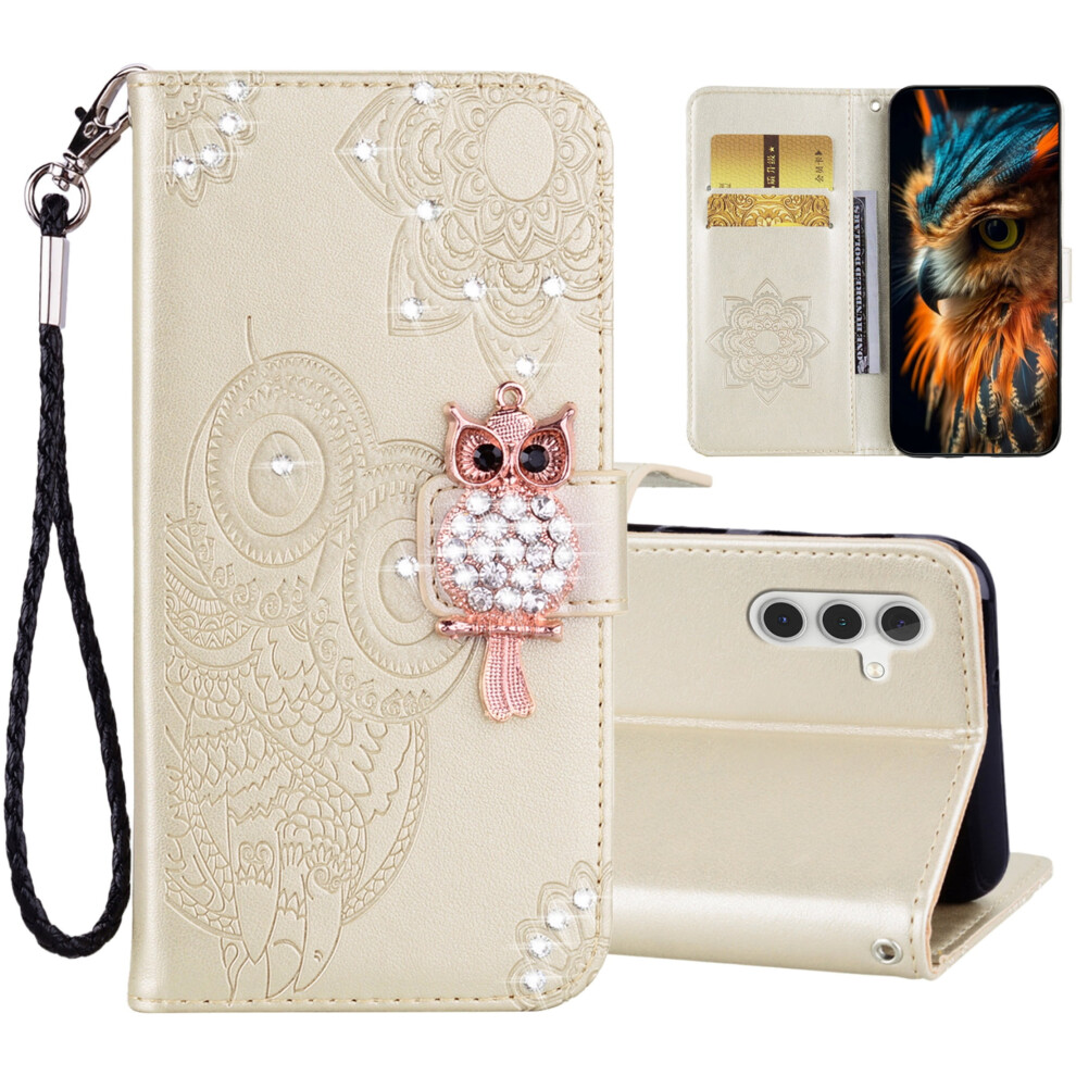 Cute Owl Glitter Pu Leather Flip Case For Samsung Galaxy S25, With Card Slot & Wrist Strap Â Compatible With S24/S25 9479868025851
