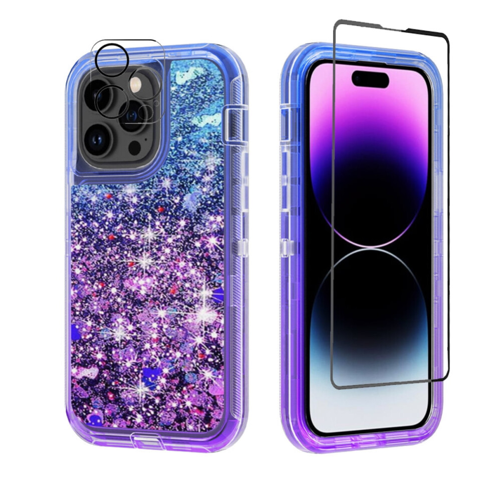 Compatible With Iphone 14 Pro: Bling Glitter Quicksand Clear Shockproof Case + Screen & Camera Lens Protectors (6.1", +Purple) Blue/Purple 9365509240380