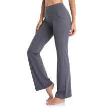 Uitlopende yogabroek met zakken voor dames, legging met hoge taille en wijde pijpen – Grijs, L