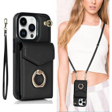 Leather Crossbody Wallet Phone Case for Samsung Galaxy S21 Ultra – Credit Card Holder, 360 Ring Kickstand, Wrist Strap, Magnetic Flip Cover