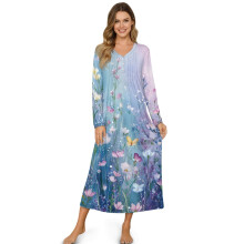Women's Long Sleeve Nightgown, Soft Lightweight Sleep Dress with Butterfly Floral Print, Blue Violet, 3XL — Compatible with All Standard Beds