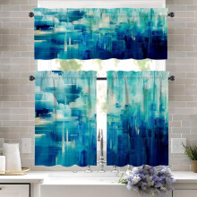 Turquoise Blue Abstract Painting Kitchen Curtains and Valances Set - Abstract Art Blue Teal 3 Piece Kitchen Curtains 36 Inch
