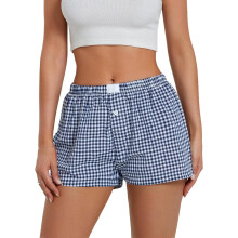 Dames loungeshorts, schattig, zacht, elastisch, lage taille, geruite print, knoopsluiting aan de voorkant, pyjamabroekje, boxershorts, nachtkleding,