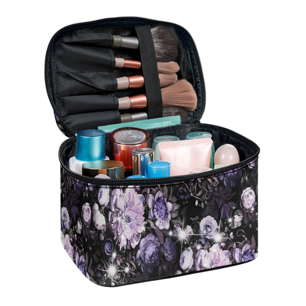 Purple Makeup Travel Case With Brush Slots Cosmetic Bag Organizer Perfect For Travel And Daily Use Lightweight Floral Pattern