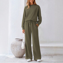 Conjunto deportivo de dos piezas para mujer, color verde militar, talla XXL, con cordón ajustable y textura lisa, estampado liso.