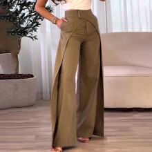 Damesbroek met hoge taille, wijde pijpen, zakken en asymmetrisch design, casual lange broek, bruin L