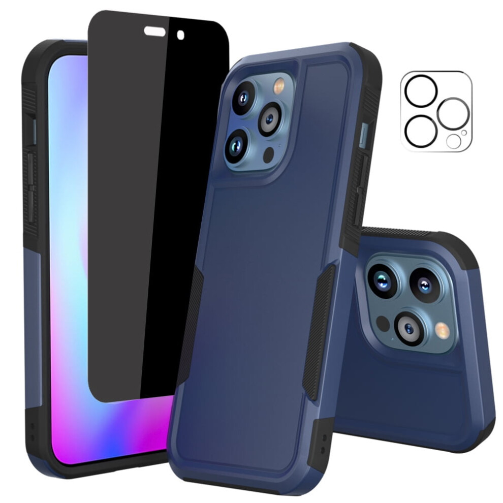 Compatible With Iphone 14 Pro Case + Screen Protector (Anti-Spy Privacy) + Camera Lens Protector, Shockproof Full Coverage Case Blue 9365509242483