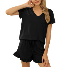 Women's Solid Lounge Set Black XL Short Sleeve Top and