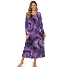 Women's Long Sleeve Button-Front Nightgown – Soft, Breathable, Full-Length Sleepshirt & Lounge Dress, Violet Tie-Dye, 2XL, Compatible with All