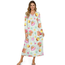 Women's Button-Front Nightdress, Long Sleeve Lounging Dress, Soft Cozy Full-Length Nightgown, Capybara Cake Star Print, XL