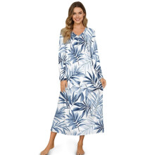 Women's Soft Cozy Housecoat Sleepshirt, Button-Front, Long Sleeve, Blue Leaf White, M, Comfortable Loungewear