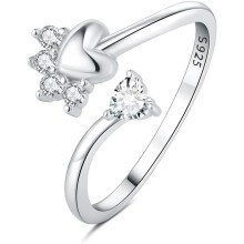 Schattige ring met open pootje van een huisdier (CZ) voor dames – S925 sterling zilver, verstelbare ring met katten-/hondenpootje, hartje en