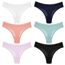 6 Piece Womens Low Cut T Back Underpants Moisture Wicking Ribbed Cotton Underwear Panties No Show Solid Color Hipsters