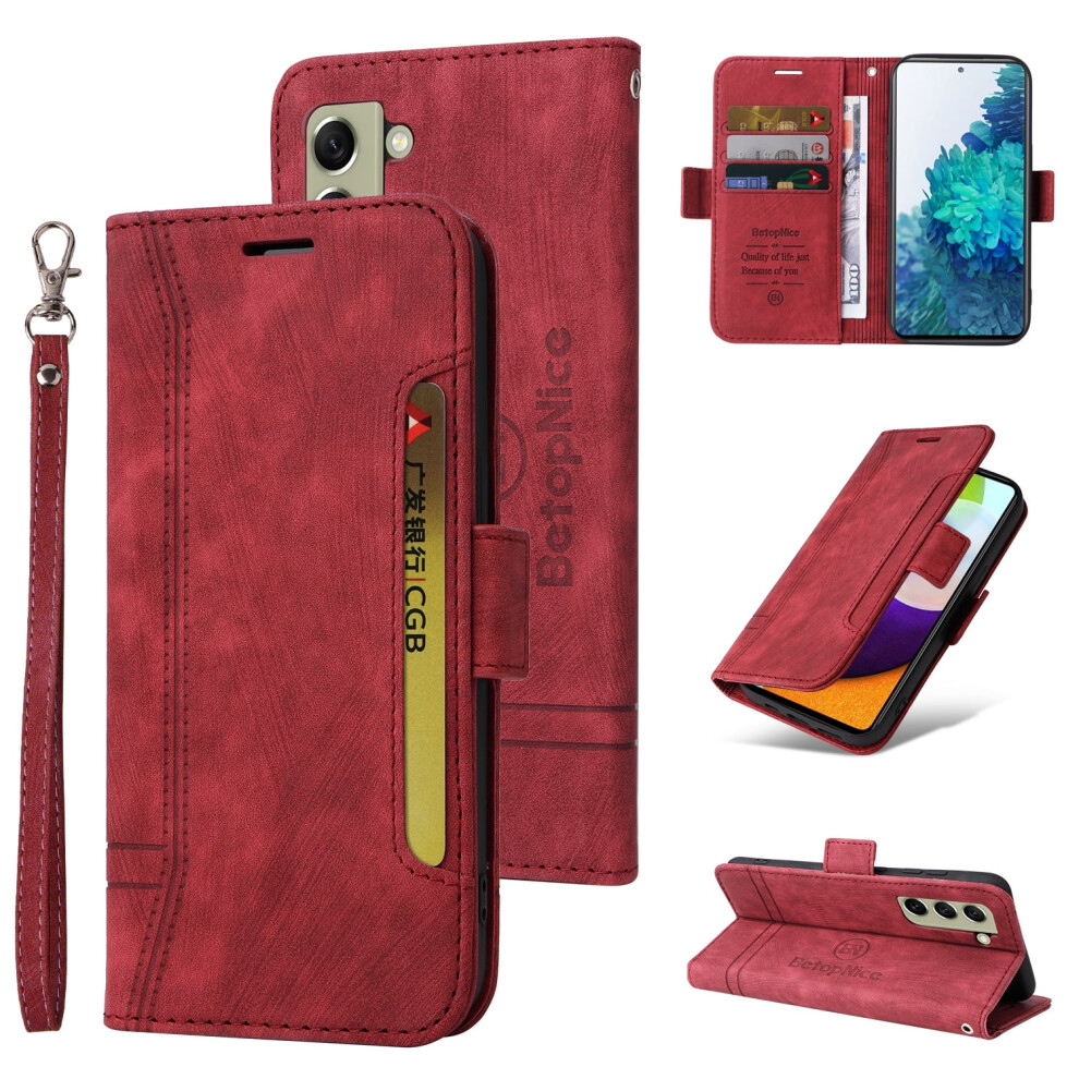 Wallet Phone Case For Samsung Galaxy S21 Fe (6.4"), Shockproof Pu Leather, Magnetic Clasp, Id/Card Slots, Wrist Strap, Flip Stand Red 9479868136205