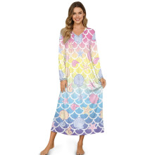 Long Sleeve Nightgown for Women – Soft Ankle-Length Sleepshirt, Partial Buttons, Sea Shell Rainbow Mermaid Print, 4XL, Compatible with All Standard