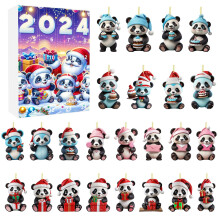 2D Christmas Panda Ornaments with Santa Hat, Compatible with 2024 Advent Calendar & Tree – 24-Piece Set + 1-Minute Sand Timer