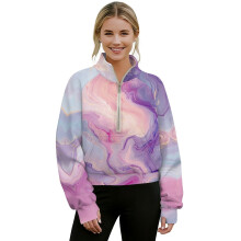 Women's Cropped Quarter-Zip Sweatshirt with Thumbholes, Pocket & Marble Print – Violet Pink Gold, S, Compatible with Activewear