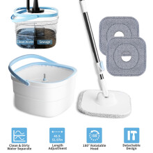 Teqhome Flat Floor Spin Mop & Bucket Set with Wringer, 52" Stainless Steel Handle, 2 Microfiber Heads — Compatible with Teqhome
