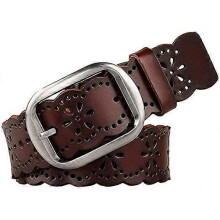 (120cm) Womens Hollow Flower Leather Belt for Jeans Pants Wide Belt for Ladies