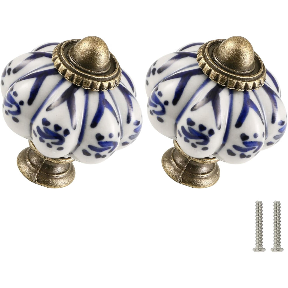 Ivory & Deep Blue Pumpkin Knobs 12 Pack Ceramic Cabinet Knobs Vintage Drawer Pulls - Antique Dresser Pulls With Screws - Deep Blue Flower 9479868408739