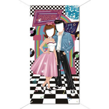 50s Disco Dance Photo Door Banner Backdrop, 70.9x35.4", Fabric Hanging Banner for Vintage Party, Photography & Games – Compatible with Standard