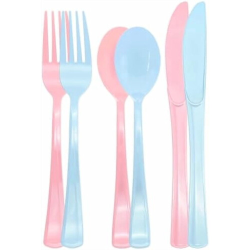 Set di posate in plastica rosa da 150 pezzi: forchette, cucchiai e coltelli.
