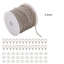 DIY-Kettenrolle aus silberfarbenem Edelstahl (5 m, 2,4 mm), 30 Karabinerverschlüsse und 60 Biegeringe – geeignet für die Schmuckherstellung