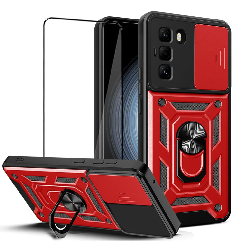 Shockproof Duallayer Case For Infinix Hot 50 5G With 360 Kickstand, Sliding Camera Cover And 9H Tempe Glass, Red 9771547565604