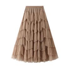 Women's Brown A-Line Tulle Skirt with Pockets, High-Waisted, Flowy, Slit, Maternity-Friendly Maxi Skirt