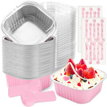 60-pak mini-kageforme i aluminium med låg (300 g, lyserød) – Engangs til budding, soufflé, fester, bryllupper
