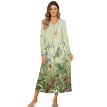 Camisola feminina de manga comprida com botões frontais – Macia, respirável e comprida, ideal para dormir e relaxar – Estampa floral de